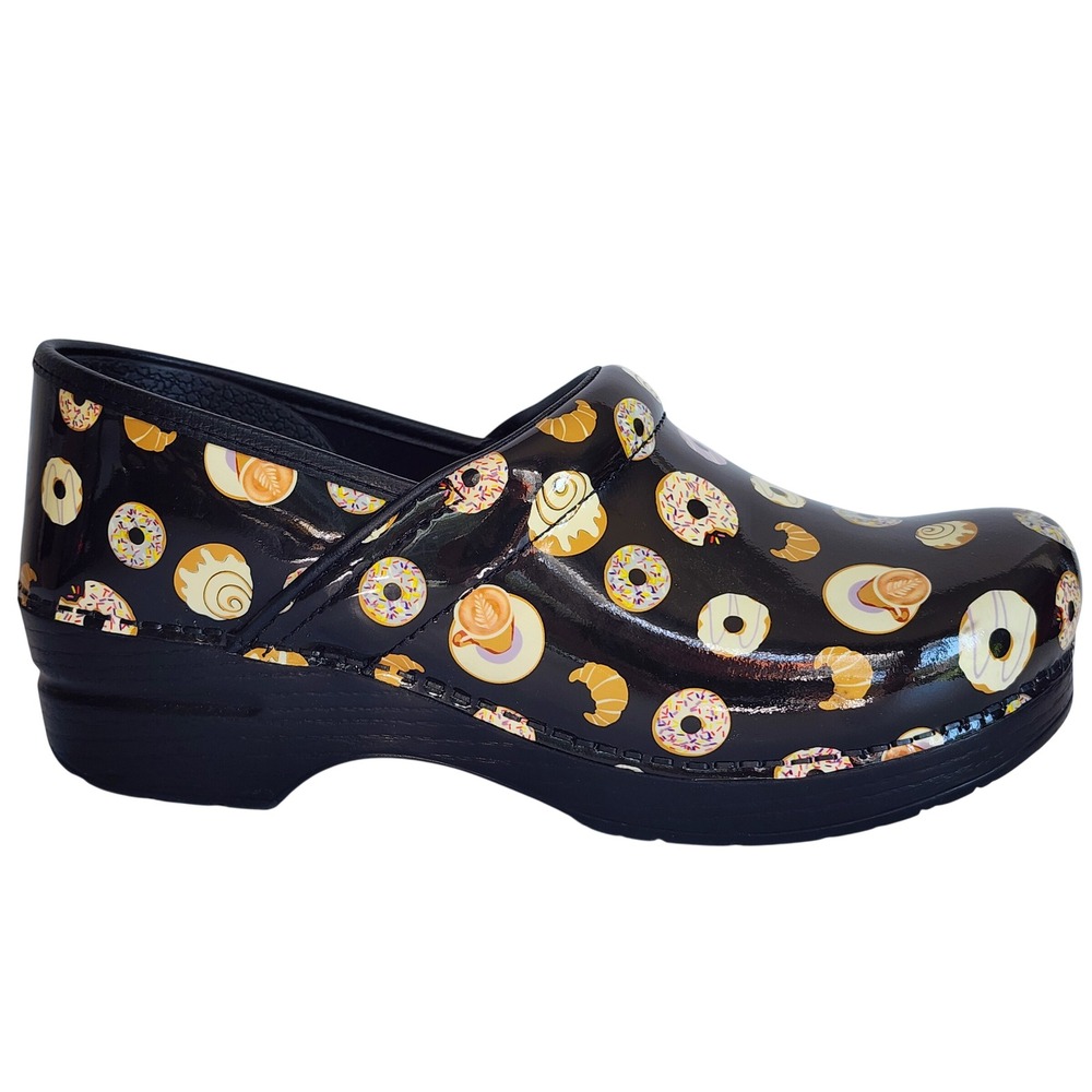 Dansko Professional Clogs Donut Coffee Pastry Patent Leather Black Multi Size 40